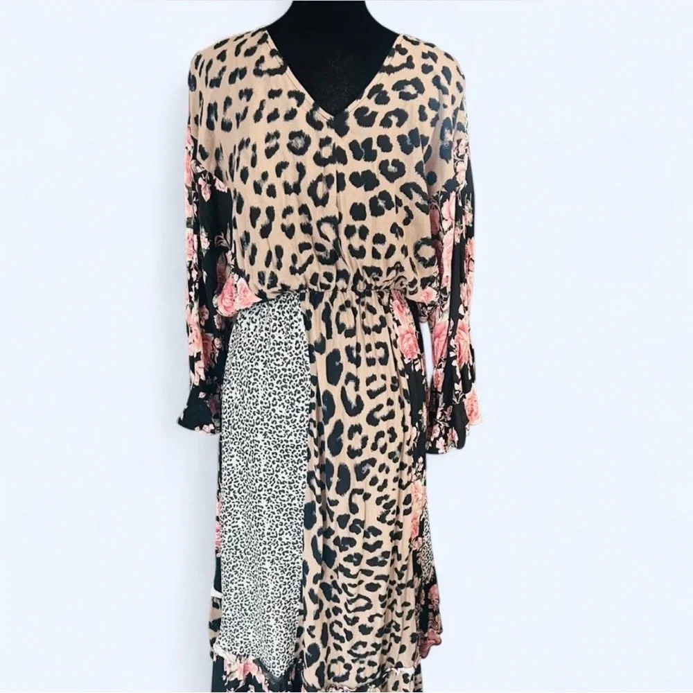 GiGio Mixed Print Leopard Floral Boho Midi Dress Small Flowy Bell Sleeve - Picture 4 of 5